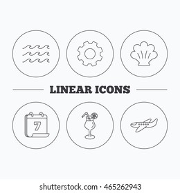 Shell, waves and cocktail icons. Airplane linear sign. Flat cogwheel and calendar symbols. Linear icons in circle buttons. Vector