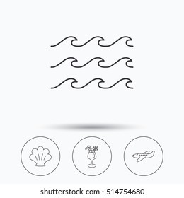 Shell, waves and cocktail icons. Airplane linear sign. Linear icons in circle buttons. Flat web symbols. Vector