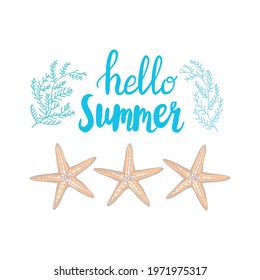 Shell yeah vector illustration with seashell and lettering. Summer illustration or print template.