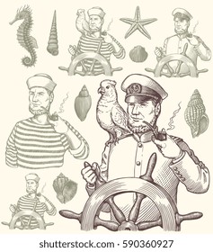 Shellback. Design set. Hand drawn engraving. Vector vintage illustration. Isolated on color background. 8 EPS