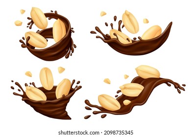 Shelled peanut kernels with crumbs in chocolate splashes isolated on white background. Realistic vector illustration.