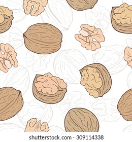 Shelled and whole walnuts. Vector seamless pattern, eps10.
