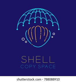 Shellfish, Fishing net and Air bubble logo icon outline stroke set dash line design illustration isolated on dark blue background with Shell text and copy space