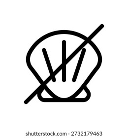 Shellfish free icon in clean outline style featuring crossed shell symbol. Represents no shellfish, seafood allergy warning, and dietary restriction. Suitable for nutrition labels, restaurant menus, diet filters, food packaging, and wellness or health apps. Minimalist black and white vector icon with editable stroke, scalable for UI, web, and print use.