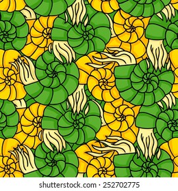 Shellfish green und yellow vector seamless pattern. Marine background.