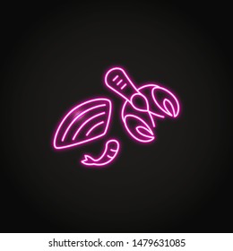 Shellfish icon in glowing neon style. Seafood symbols - shell, crayfish and shrimp. Vector illustration.