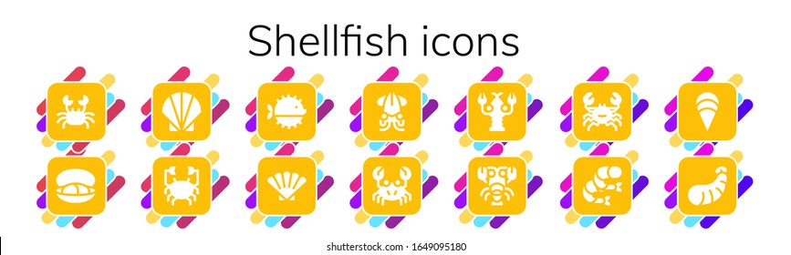 shellfish icon set. 14 filled shellfish icons. Included Crab, Mussel, Seashell, Puffer fish, Shell, Squid, Lobster, Shrimp, Clam icons