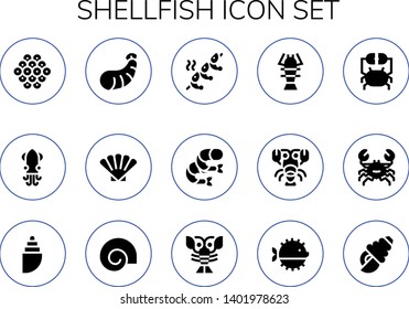 shellfish icon set. 15 filled shellfish icons.  Collection Of - Caviar, Squid, Shrimp, Shell, Lobster, Crab, Puffer fish, Seashell
