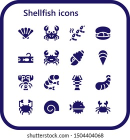 shellfish icon set. 16 filled shellfish icons.  Simple modern icons about  - Shell, Crab, Shrimp, Mussel, Tuna, Seashell, Clam, Lobster, Puffer fish