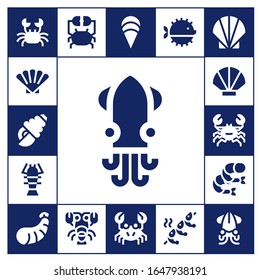shellfish icon set. 17 filled shellfish icons.  Simple modern icons such as: Crab, Shell, Seashell, Squid, Lobster, Shrimp, Clam, Puffer fish