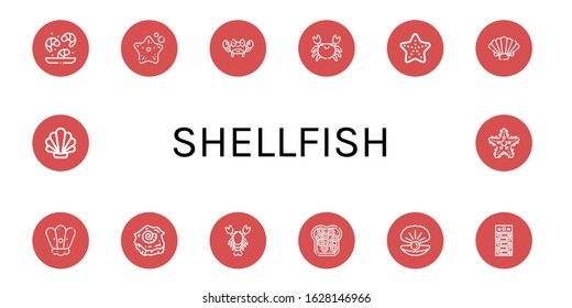 shellfish icon set. Collection of Shrimp, Starfish, Crab, Shell, Lobster, Caviar, Oyster, Dried fish icons