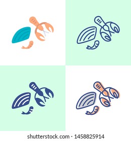 Shellfish icon set in flat and line style. Seafood symbols - shell, crayfish and shrimp. Vector illustration.