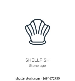 Shellfish icon. Thin linear shellfish outline icon isolated on white background from stone age collection. Line vector sign, symbol for web and mobile