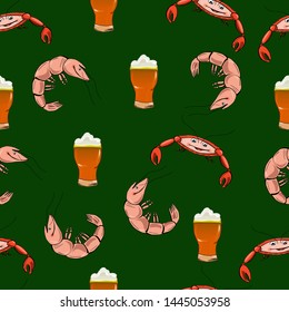Shellfish with light beer on the green background. Vector pattern.
