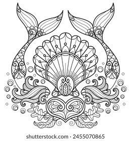 Shellfish and mermaid under the sea hand drawn for adult coloring book