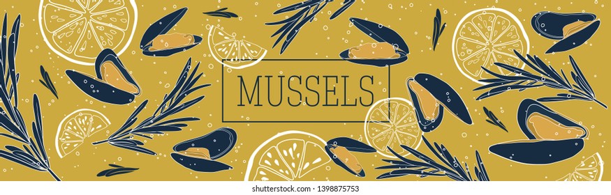 Shellfish and seafood restaurant or fishery product market banners template. Mussels among the bubbles banner vector template. Hand drawn illustration on mustard background.