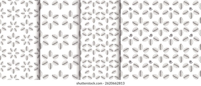 Shellfish seamless pattern Set. Collection of repeat ornaments with sea elements. Various Shells on white background. Snall seashell. Vector flat illustration for wallpaper, textiles, printing