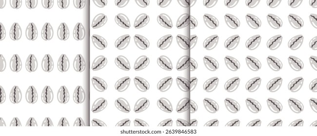 Shellfish seamless pattern Set. Collection of repeat ornaments with sea elements. Various Shells on white background. Snall seashell. Vector flat illustration