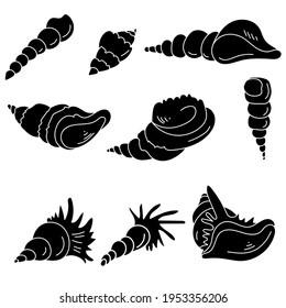 shellfish silhouettes with curled shells, sea inhabitants shells vector illustration
