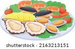 Shellfish snack platter. Oysters and mussel dish. Roasted shrimp isolated on white background