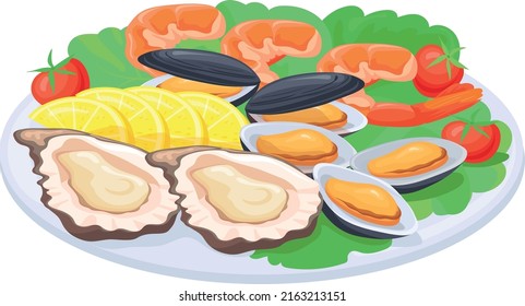 Shellfish snack platter. Oysters and mussel dish. Roasted shrimp isolated on white background