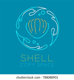 Shellfish, Water splash circle and Air bubble logo icon outline stroke set dash line design illustration isolated on blue background with Shell text and copy space