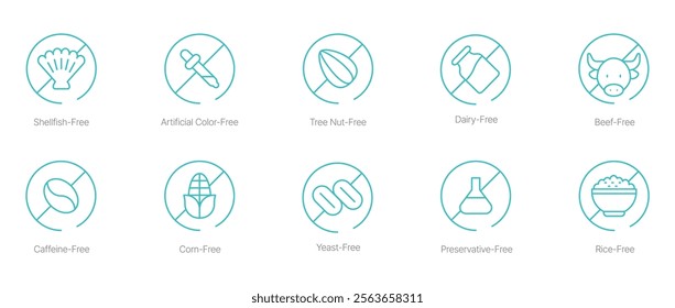 Shellfish-Free, Artificial Color-Free, Tree Nut-Free, Dairy-Free, Beef-Free, Caffeine-Free, Corn-Free, Yeast-Free, Preservatives-Free, and Rice-Free Vector Icon Set 