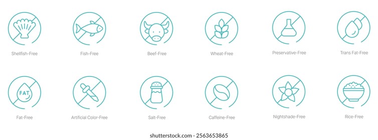 Shellfish-Free, Fish-Free, Beef-Free, Wheat-Free, Preservatives-Free, Trans Fat-Free, Fat-Free, Artificial Color-Free, Salt-Free, Caffeine-Free, Nightshade-Free, and Rice-Free Vector Icon Set 