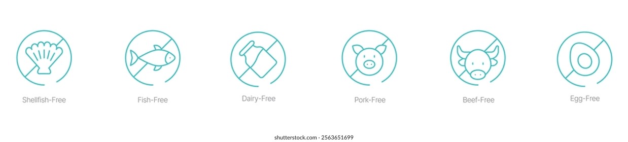 Shellfish-Free, Fish-Free, Dairy-Free, Pork-Free, Beef-Free, and Egg-Free Vector Icon Set for Allergy-Friendly and Specialty Food Products