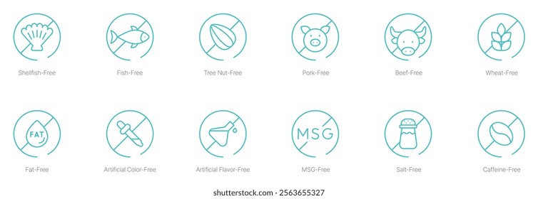 Shellfish-Free, Fish-Free, Trout-Free, Nut-Free, Pork-Free, Beef-Free, Wheat-Free, Fat-Free, Artificial Color-Free, Artificial Flavor-Free, Energy-Free, Salt-Free, and Caffeine-Free Vector Icon Set 