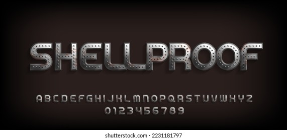 Shellproof alphabet font. Rusty metal letters and numbers with rivets. Stock vector typeface for your design.