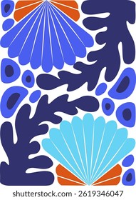 Conchas e folhagem abstrata são retratadas em um estilo negrito e plano.  Formas simples criam uma composição com tema oceânico vibrante. Ilustração de vetor de desenhos animados