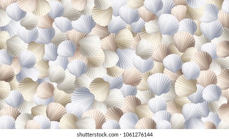 Shells background. Scallops. Seashore. Ocean beach. Summer background. Bay. Seashells. Mollusk. Aquatic. Scallop. Island. Underwater. Marine. Vector texture.