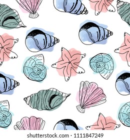 Shells. Beautiful and bright pattern. Hand drawing. Summer. Nautical. Prints for clothes and postcards. 