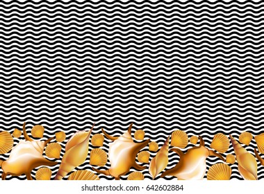Shells border on black lines waves seamless pattern. Vector illustration.