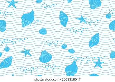 shells and clams of blue sea decorative seamless pattern