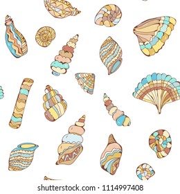 Shells colections seamles pattern in pastel colors, vector graphic illustration