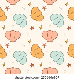 Caricatura colorida de conchas tan linda. Sobre fondo de estrella. Patrón de Ilustración vectorial sin fisuras. 
