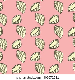 Shells or conchiglie. Seamless pattern with doodle kind of pasta.  Hand-drawn sketch background. Vector illustration. 