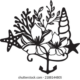 Shells and coral reef Vector Clip Art, Black and White