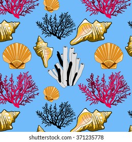 Shells and corals background seamless pattern vector. Nature ocean pattern with marine fish and fauna illustration