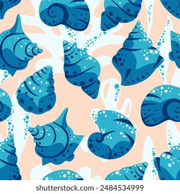 Shells and corals on a light background. Nautical themed seamless pattern. Vector illustration.