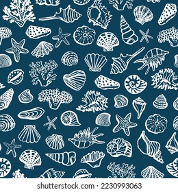Shells, corals sea vector seamless pattern.