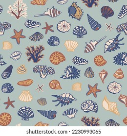 Shells, corals sea vector seamless pattern.