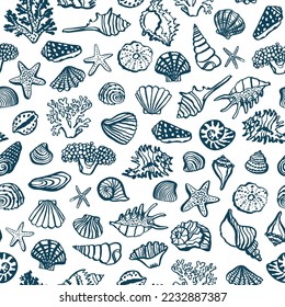 Shells, corals sea vector seamless pattern.