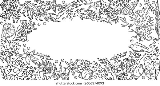 Shells, corals, seaweed and starfish hand drawn, line art border frame, vector illustration isolated on white background.