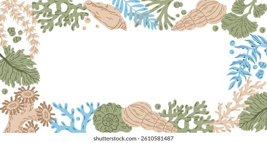 Shells, corals, seaweed and starfish hand drawn, line art border frame, vector illustration isolated on white background.	