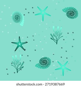 Muscheln, Korallen und Seesterne in blauem Wasser mit Luftblasen, nahtloses Vektormuster
