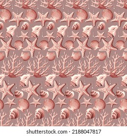 Shells, corals, starfish seamless pattern. Background in marine style. Beach life illustration