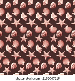 Shells, corals, starfish seamless pattern. Background in marine style. Beach life illustration